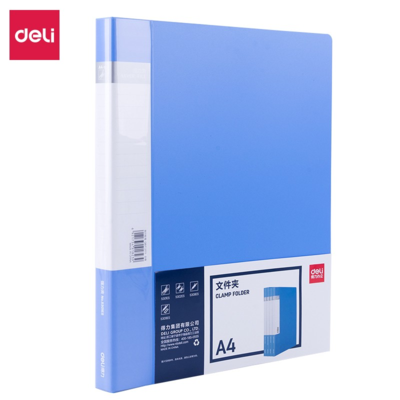 得力（deli）5301ES A4文件夹 单强力夹 带插袋 蓝色 金属双强力夹硬文件夹 大容量夹板